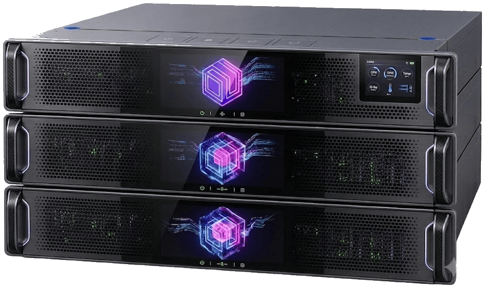 Stack of three BrickStor SP appliances with illuminated front displays