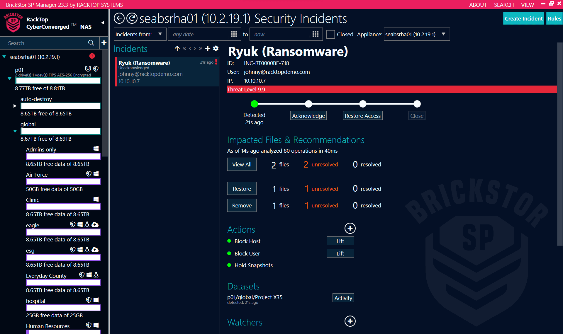 BrickStor detecting a Ryuk ransomware event